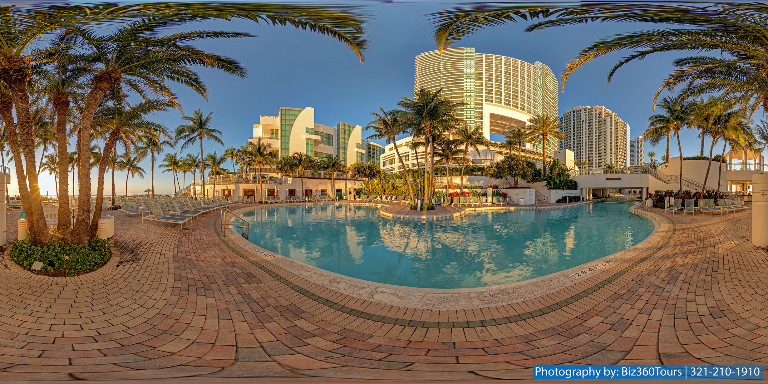 A 360-degree panoramic image captured poolside at the Diplomat Hotel in Hallandale Beach, Florida. Photography by: Biz360Tours